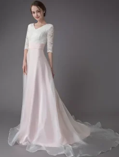 Wedding Dresses Pink V Neck Half Sleeve Pleated A Line Bridal Gown With Train