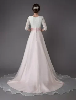 Wedding Dresses Pink V Neck Half Sleeve Pleated A Line Bridal Gown With Train