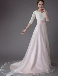 Wedding Dresses Pink V Neck Half Sleeve Pleated A Line Bridal Gown With Train