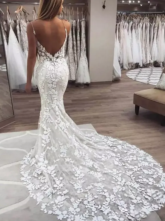 Wedding Dresses With Train Sleeveless Applique 60cm Sweetheart Neck Bridal Mermaid Dress