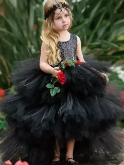 Wedding Flower Girl Dresses Special Occasion Dresses Black Sleeveless Tiered