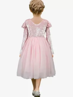 Wedding Flower Girl Dresses Special Occasion Dresses Pink Long Sleeves Ruffles