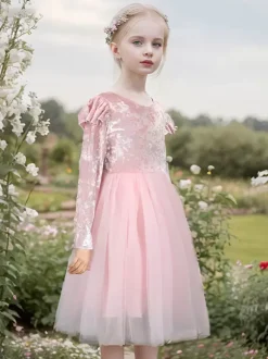 Wedding Flower Girl Dresses Special Occasion Dresses Pink Long Sleeves Ruffles