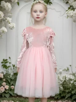 Wedding Flower Girl Dresses Special Occasion Dresses Pink Long Sleeves Ruffles