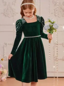 Wedding Flower Girl Dresses Special Occasion Dresses Emeralds Long Sleeves Pearls