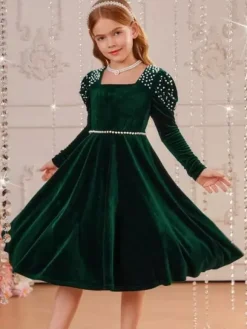 Wedding Flower Girl Dresses Special Occasion Dresses Emeralds Long Sleeves Pearls