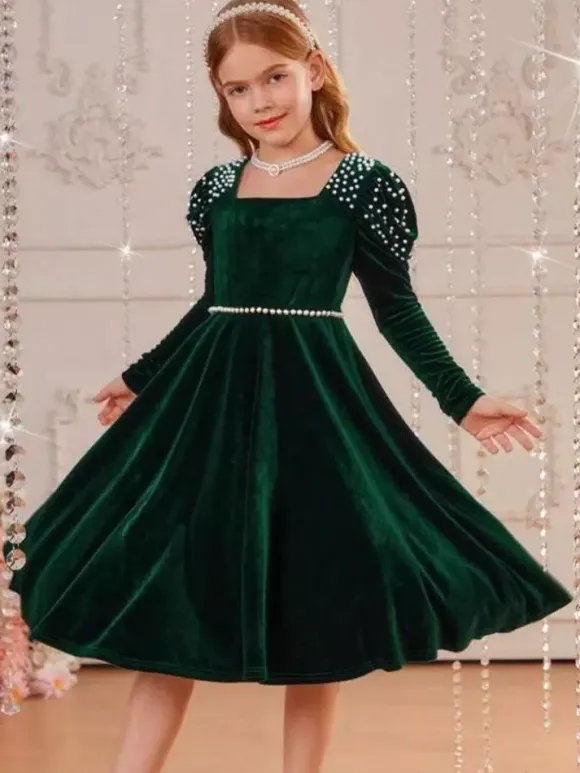 Wedding Flower Girl Dresses Special Occasion Dresses Emeralds Long Sleeves Pearls