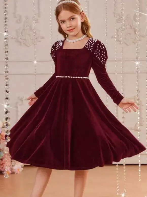 Wedding Flower Girl Dresses Special Occasion Dresses Emeralds Long Sleeves Pearls