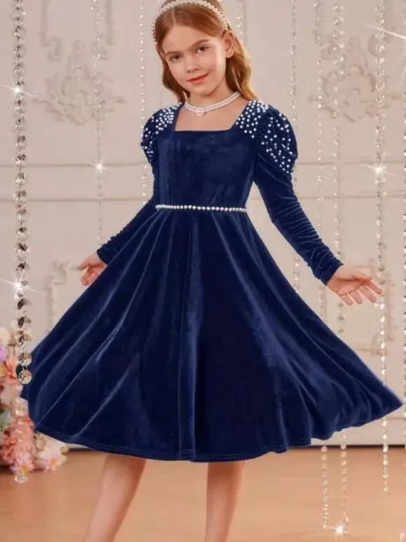 Wedding Flower Girl Dresses Special Occasion Dresses Emeralds Long Sleeves Pearls
