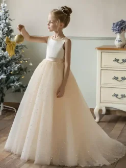 Wedding Flower Girl Dresses Special Occasion Dresses Champagne Sleeveless Pearls