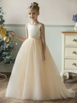 Wedding Flower Girl Dresses Special Occasion Dresses Champagne Sleeveless Pearls