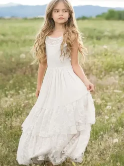 Wedding Flower Girl Dresses Special Occasion Dresses Ecru White Sleeveless Tiered