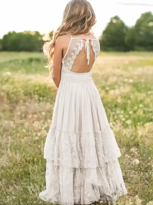 Wedding Flower Girl Dresses Special Occasion Dresses Ecru White Sleeveless Tiered