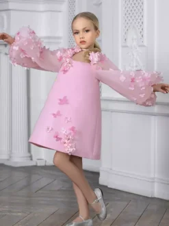Wedding Flower Girl Dresses Special Occasion Dresses Pink Long Sleeves Applique