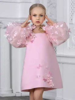 Wedding Flower Girl Dresses Special Occasion Dresses Pink Long Sleeves Applique