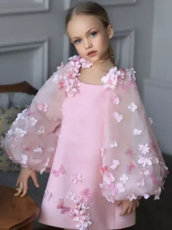 Wedding Flower Girl Dresses Special Occasion Dresses Pink Long Sleeves Applique
