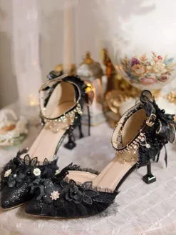Wedding Gothic Lolita Footwear Black Ruffles Flowers Chains Stiletto Heel Lolita Shoes