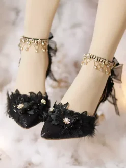 Wedding Gothic Lolita Footwear Black Ruffles Flowers Chains Stiletto Heel Lolita Shoes