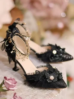 Wedding Gothic Lolita Footwear Black Ruffles Flowers Chains Stiletto Heel Lolita Shoes