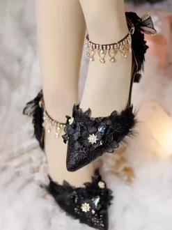 Wedding Gothic Lolita Footwear Black Ruffles Flowers Chains Stiletto Heel Lolita Shoes