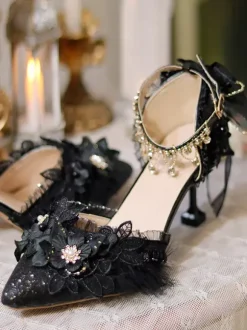 Wedding Gothic Lolita Footwear Black Ruffles Flowers Chains Stiletto Heel Lolita Shoes