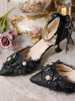 Wedding Gothic Lolita Footwear Black Ruffles Flowers Chains Stiletto Heel Lolita Shoes