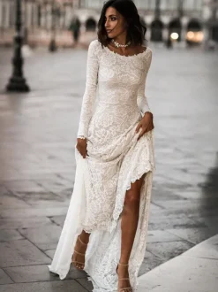 Wedding Gowns Jewel Neck Long Sleeves Sweep Lace Bridal Gowns