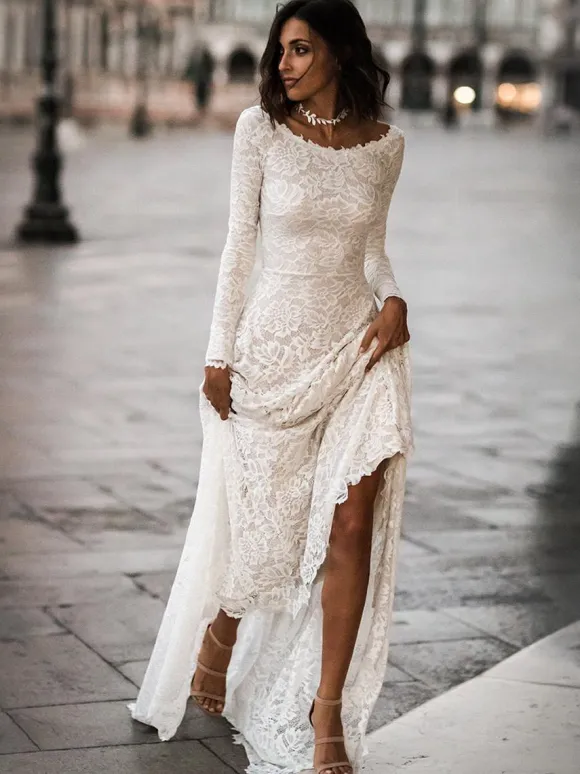 Wedding Gowns Jewel Neck Long Sleeves Sweep Lace Bridal Gowns