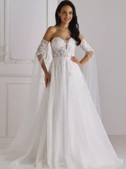 Wedding Gowns V-Neck Half Sleeves With Train Tulle Bridal Gowns