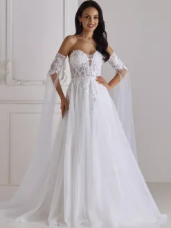 Wedding Gowns V-Neck Half Sleeves With Train Tulle Bridal Gowns