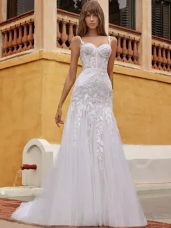 Wedding Gowns With Train Mermaid Sleeveless Lace Designed Neckline Bridal Dresses