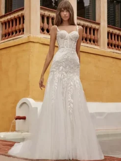 Wedding Gowns With Train Mermaid Sleeveless Lace Designed Neckline Bridal Dresses
