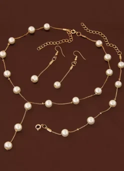 Wedding Jewelry Set Pearl Necklace With Bracelet And Earring Gold Bridal Accessories In 3 Piece