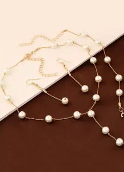 Wedding Jewelry Set Pearl Necklace With Bracelet And Earring Gold Bridal Accessories In 3 Piece