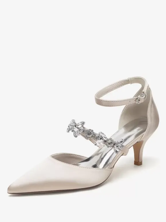 Wedding Shoes Bridal Pumps Satin Pointed Toe Rhinestones