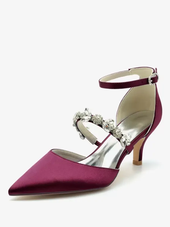 Wedding Shoes Bridal Pumps Satin Pointed Toe Rhinestones
