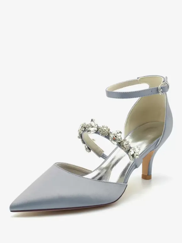 Wedding Shoes Bridal Pumps Satin Pointed Toe Rhinestones