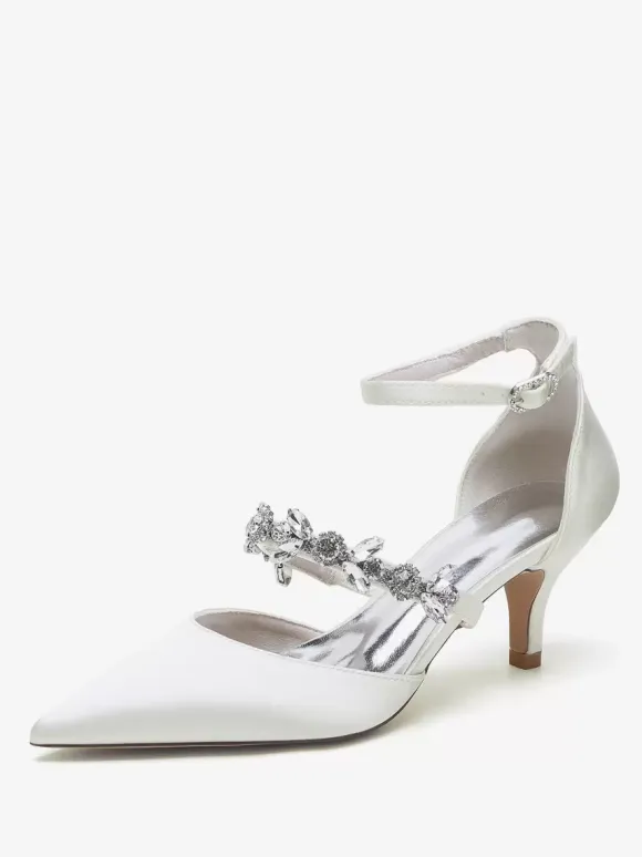 Wedding Shoes Bridal Pumps Satin Pointed Toe Rhinestones