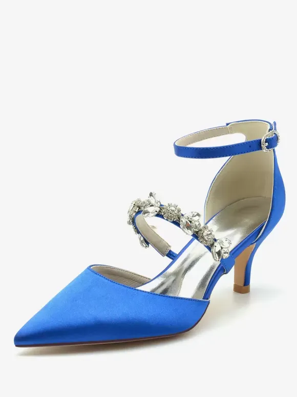 Wedding Shoes Bridal Pumps Satin Pointed Toe Rhinestones