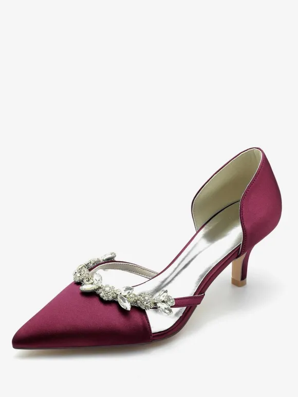 Wedding Shoes Bridal Pumps Silk And Satin Pointed Toe Rhinestones Slip On Bridal Shoes Kitten Heel Pumps