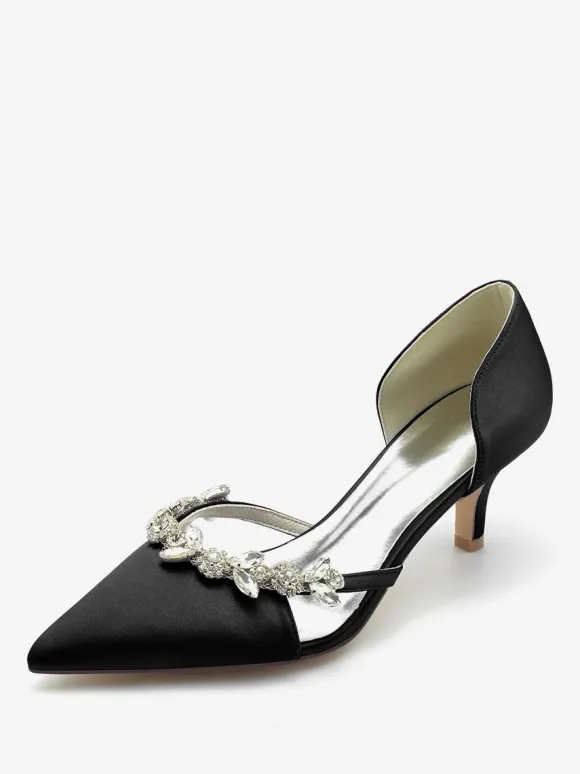 Wedding Shoes Bridal Pumps Silk And Satin Pointed Toe Rhinestones Slip On Bridal Shoes Kitten Heel Pumps