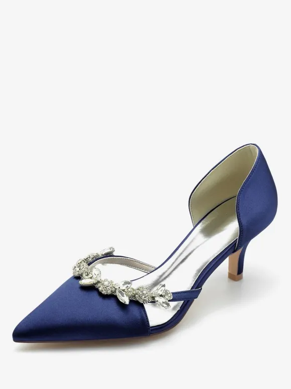 Wedding Shoes Bridal Pumps Silk And Satin Pointed Toe Rhinestones Slip On Bridal Shoes Kitten Heel Pumps