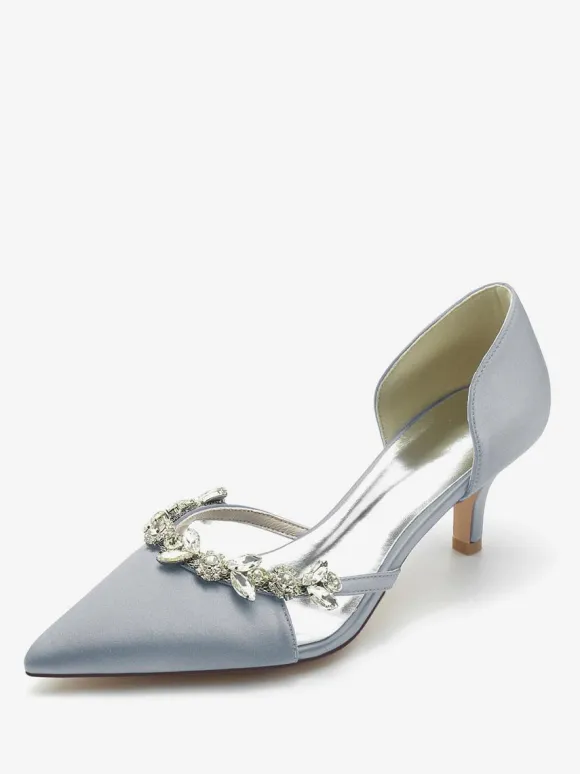 Wedding Shoes Bridal Pumps Silk And Satin Pointed Toe Rhinestones Slip On Bridal Shoes Kitten Heel Pumps