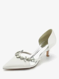 Wedding Shoes Bridal Pumps Silk And Satin Pointed Toe Rhinestones Slip On Bridal Shoes Kitten Heel Pumps