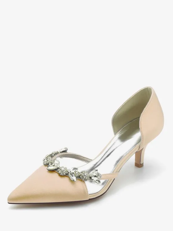 Wedding Shoes Bridal Pumps Silk And Satin Pointed Toe Rhinestones Slip On Bridal Shoes Kitten Heel Pumps