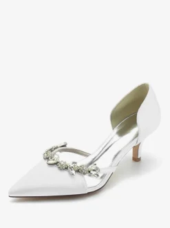 Wedding Shoes Bridal Pumps Silk And Satin Pointed Toe Rhinestones Slip On Bridal Shoes Kitten Heel Pumps