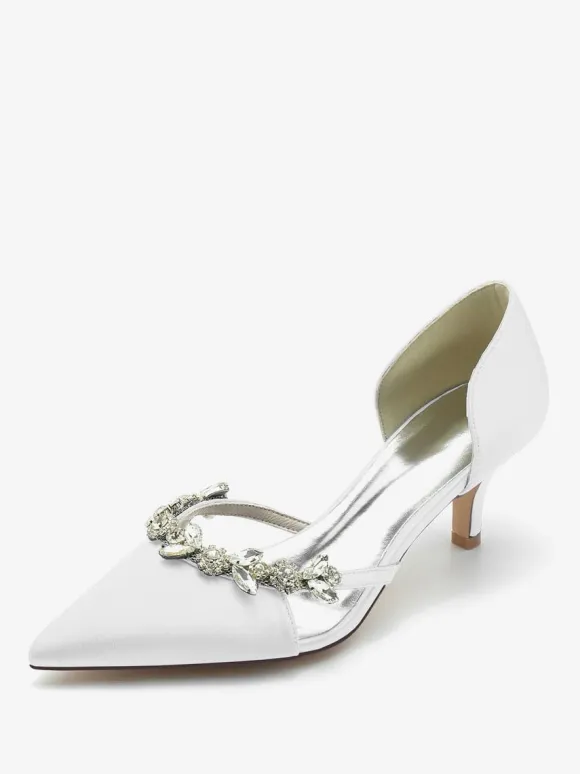 Wedding Shoes Bridal Pumps Silk And Satin Pointed Toe Rhinestones Slip On Bridal Shoes Kitten Heel Pumps