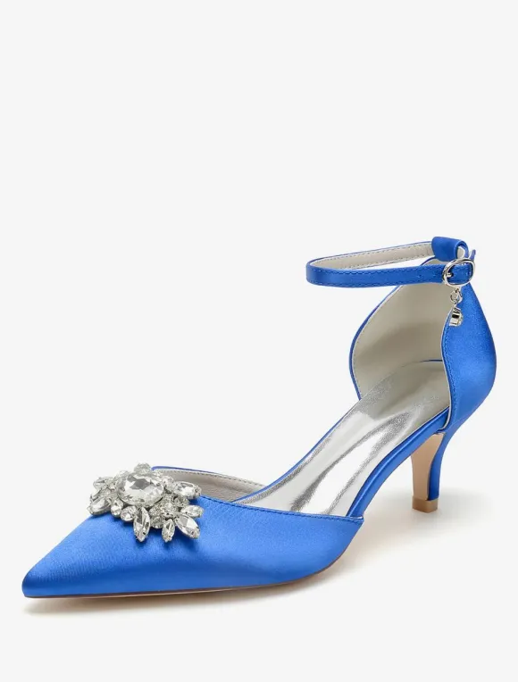 Wedding Shoes Bridal Pumps Satin Pointed Toe Rhinestones