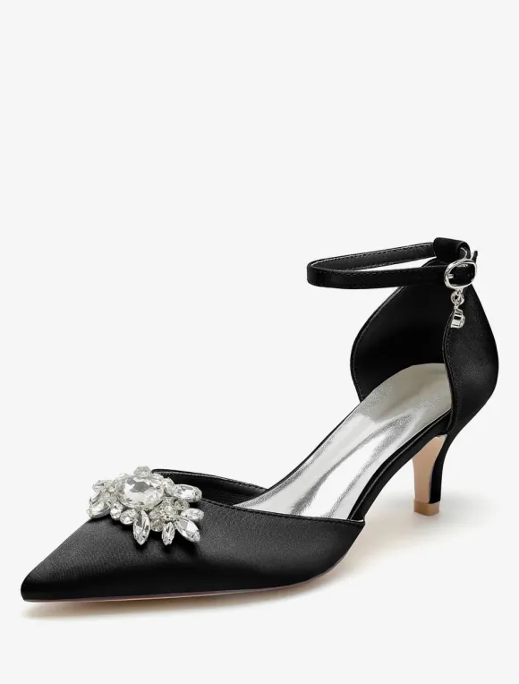 Wedding Shoes Bridal Pumps Satin Pointed Toe Rhinestones