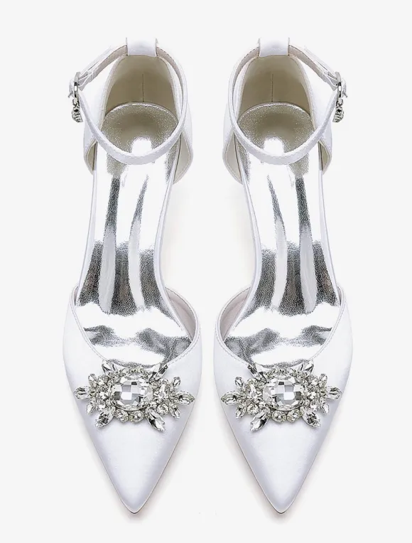 Wedding Shoes Bridal Pumps Satin Pointed Toe Rhinestones